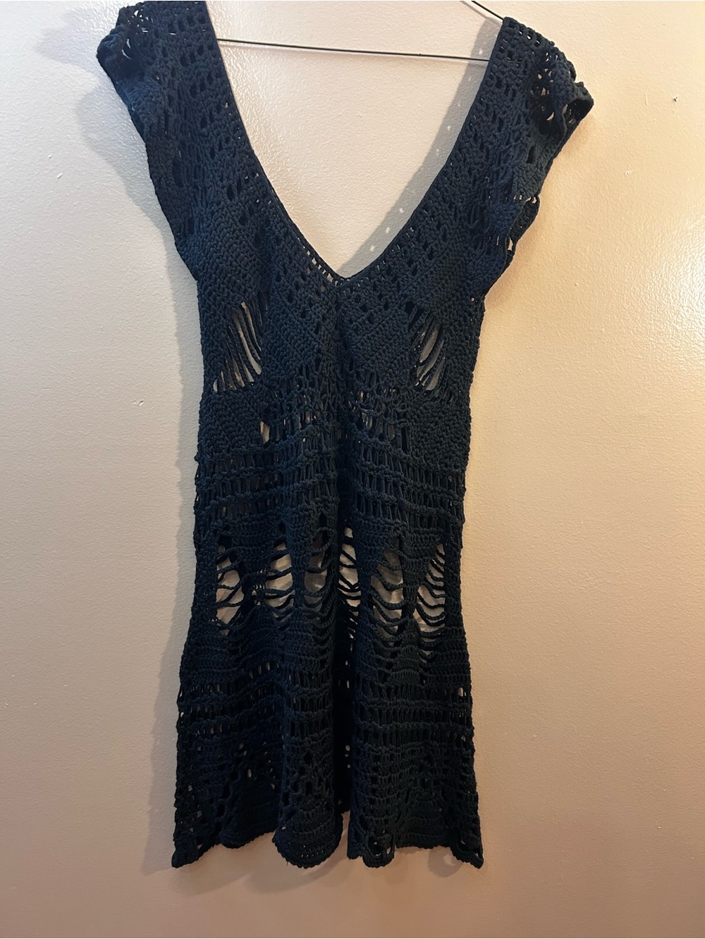 Black Crochet V‑Neck Swim Coverup Dress